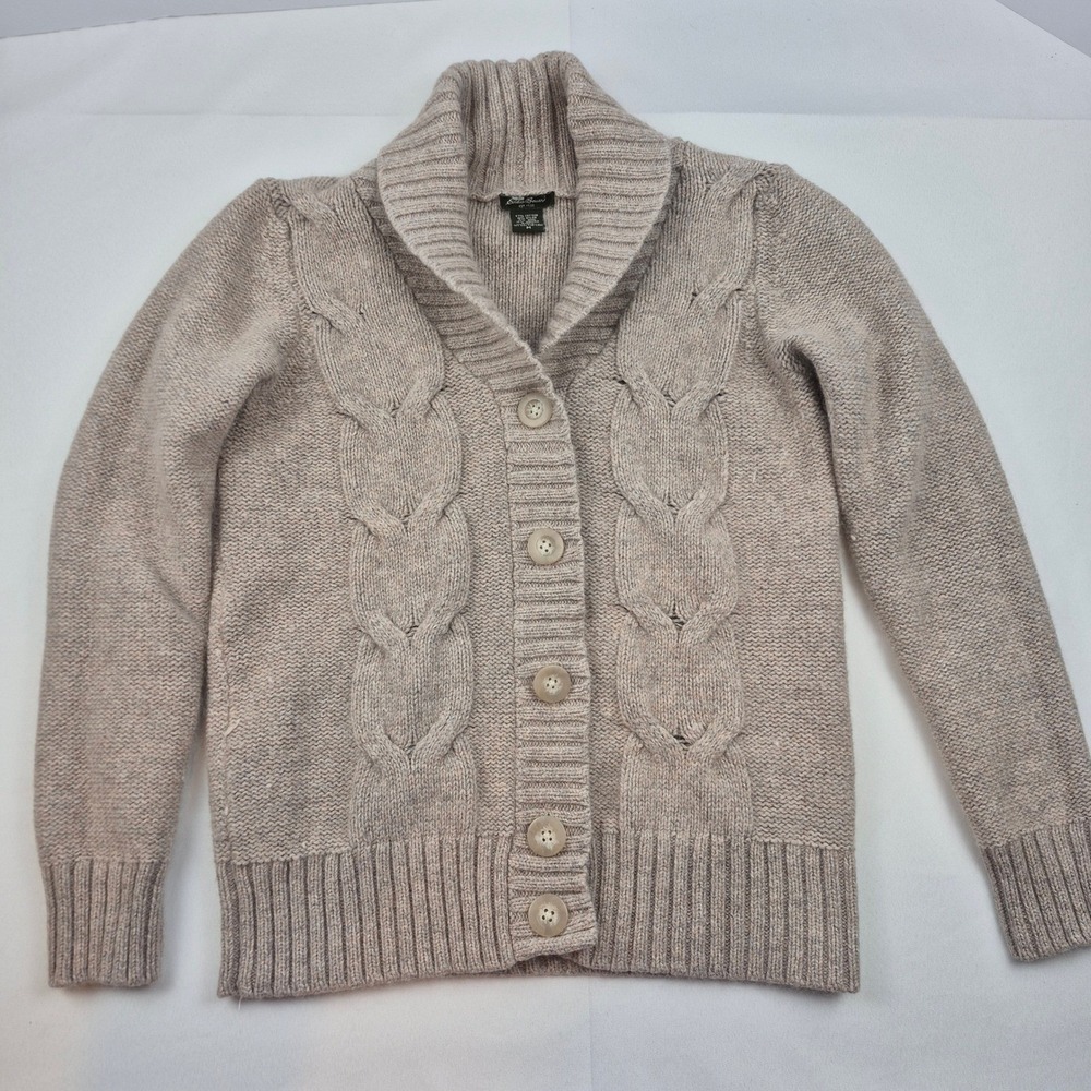 Eddie Bauer Cable‎ Knit Angora Blend Cardigan Sweater Shawl Collar M Beige